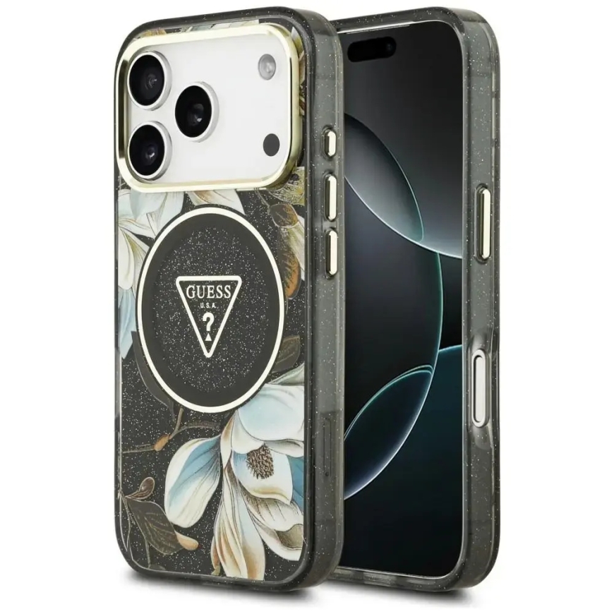 Kotelo Guess IML Glitter Flowers Triangle MagSafe iPhone 18 Pro Max / 17 Pro Max musta
