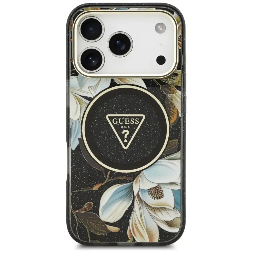 Kotelo Guess IML Glitter Flowers Triangle MagSafe iPhone 18 Pro Max / 17 Pro Max musta – 3