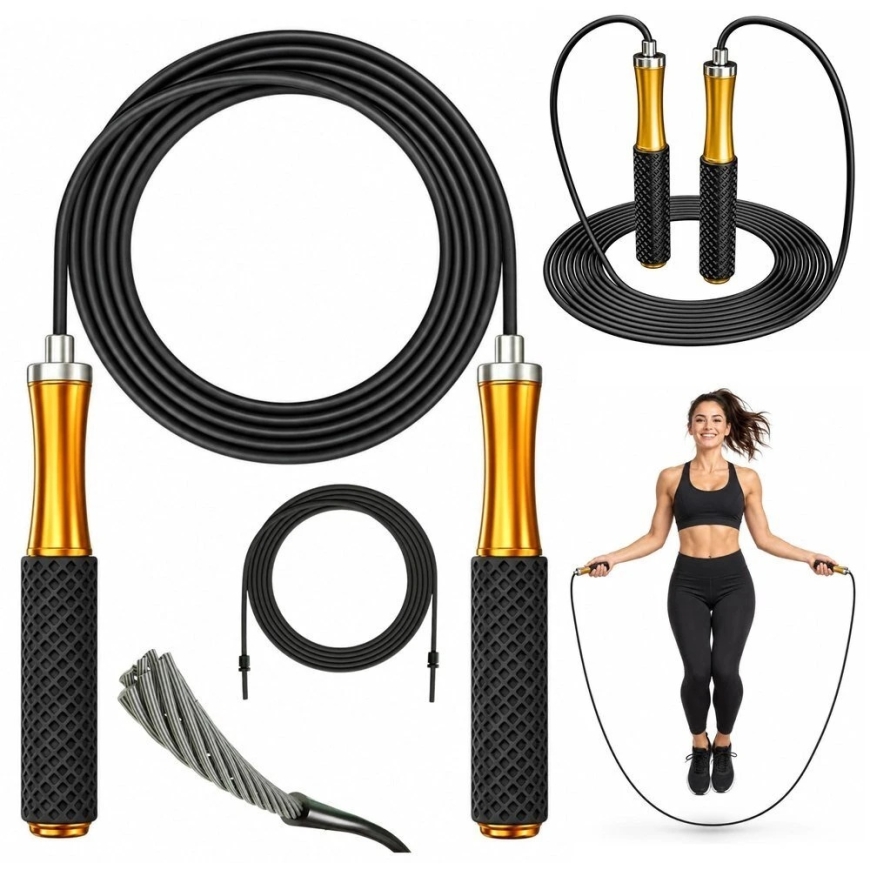 Lean Toys Lēkšanas virve ar regulējamu garumu un gultņiem, melna un zelta, 3 m – 2