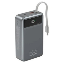 Gembird PB20-PD65-LCD-01 greito įkrovimo išorinė baterija su integruotais laidais, 65W, 20000 mAh, juodas