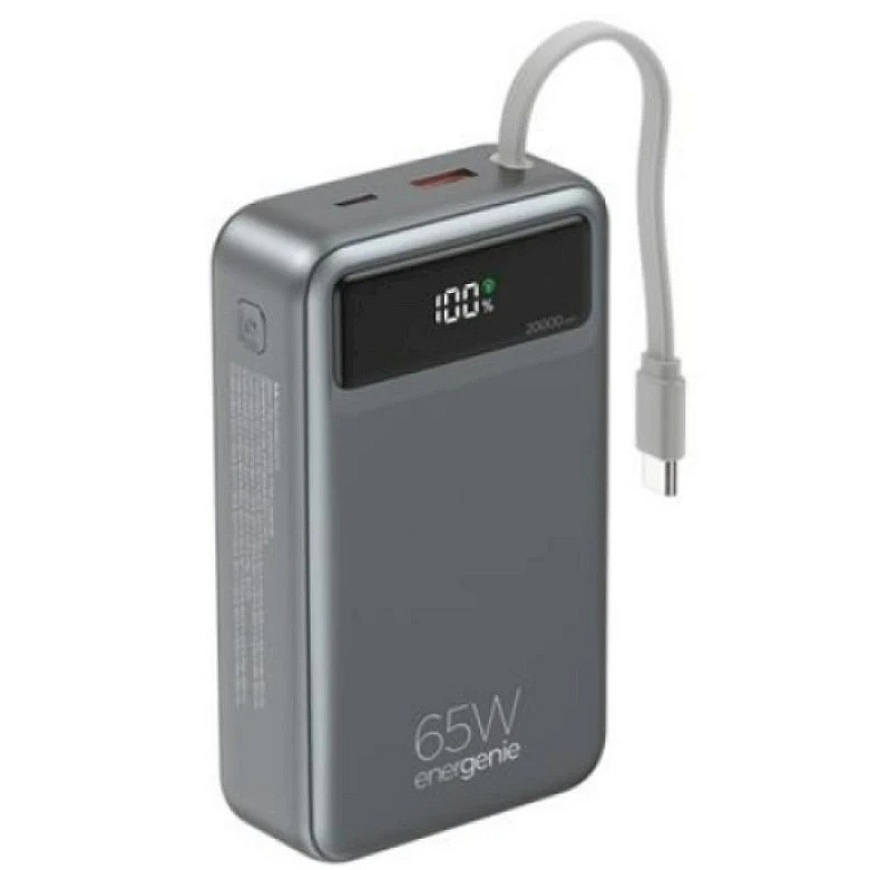 Gembird PB20-PD65-LCD-01 fast charging power bank with integrated cables, 65W, 20000 mAh, black