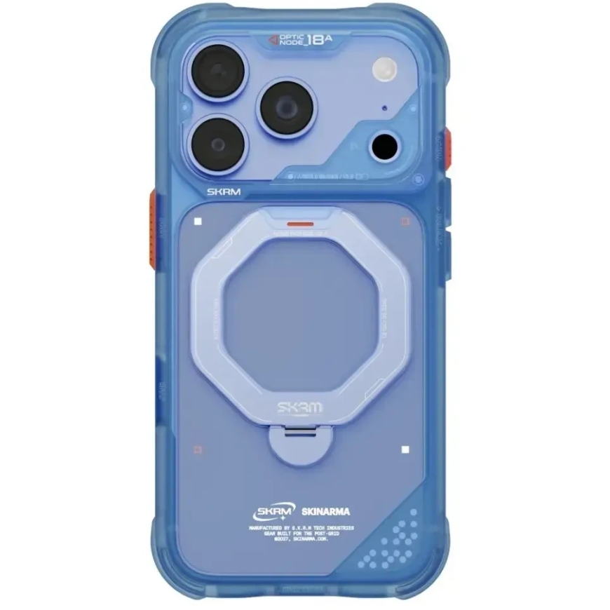 Dėklas Skinarma Saturn MagSafe su pasukamu stovu, skirtas iPhone 18 Pro / 17 Pro, mėlynas