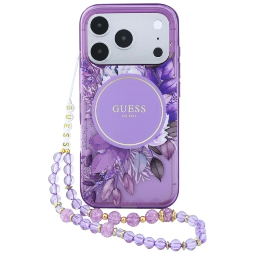 Guess IML Flowers Pearl Strap Case for iPhone 18 Pro Max / 17 Pro Max, purple