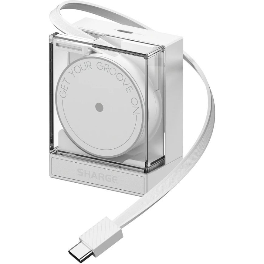 PowerNeed įkroviklis SHARGE Retractable 65 GaN Charger, 65W, 2x USB-C, integruotas USB-C kabelis – baltas (CDT-SG-65-EUR-CP-BAI)