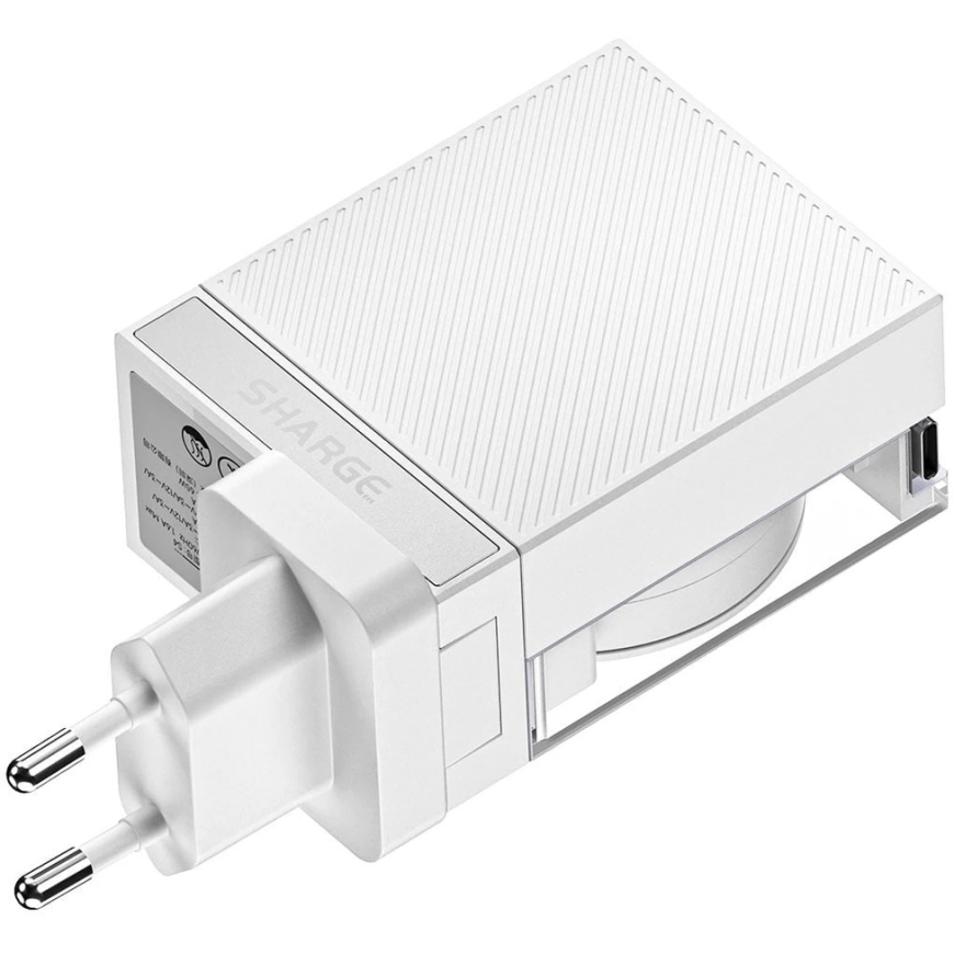 PowerNeed įkroviklis SHARGE Retractable 65 GaN Charger, 65W, 2x USB-C, integruotas USB-C kabelis – baltas (CDT-SG-65-EUR-CP-BAI) – 3