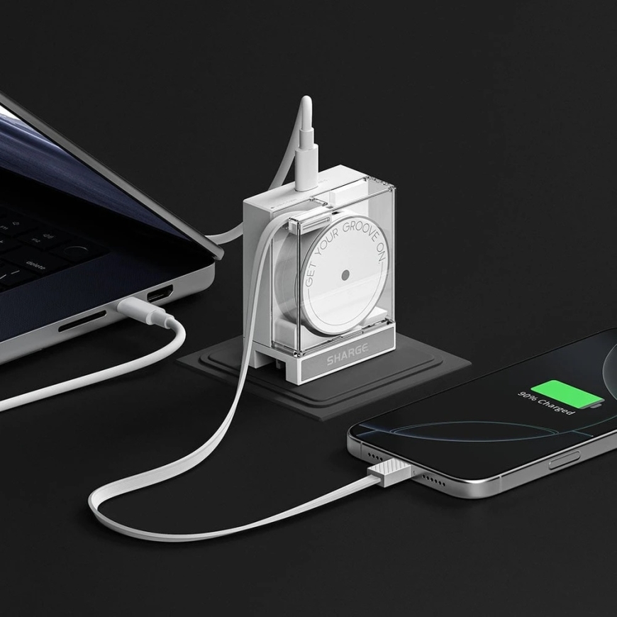 PowerNeed Charger SHARGE Retractable 65 GaN Charger, 65W, 2x USB-C, integrated USB-C cable – white (CDT-SG-65-EUR-CP-BAI) – 5