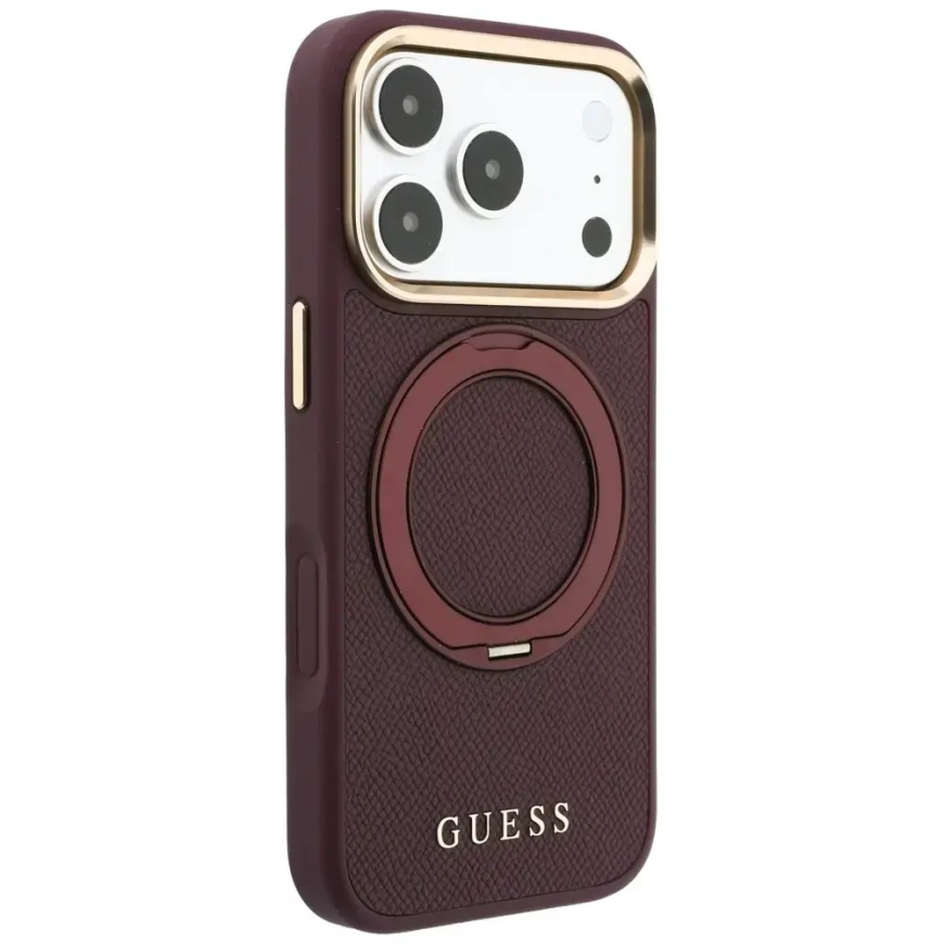 Guess Ring Stand 360 Grained Classic Logo MagSafe dėklas iPhone 18 Pro / 17 Pro bordo spalvos – 4