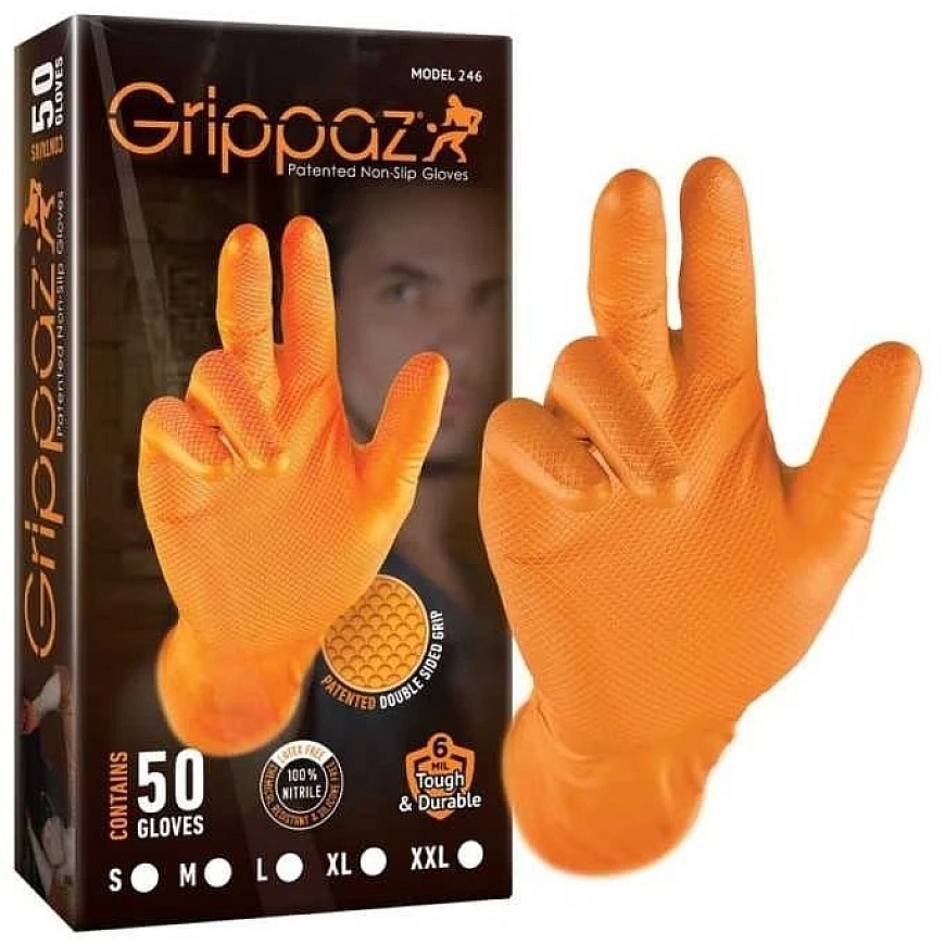 Grippaz 246OR vienreizējās nitrila cimdi, 50 gab. kastē, biezums 0,15 mm, oranži, izmērs 8/M – 2