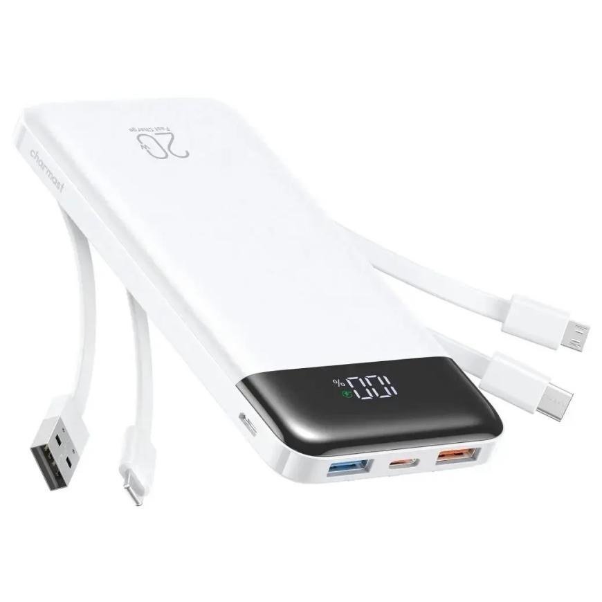 Charmast W2065 Power Bank | 20 000 mAh | 22,5 W | PD | USB-A, USB-C, Lightning, Micro USB | valkoinen