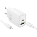 HOCO N61 tīkla lādētājs | 20W | PD, QC | USB-C, USB-A | ar USB-C uz Lightning vadu komplektā | balts HOCO N61 tīkla lādētājs | 20W | PD, QC | USB-C, USB-A | ar USB-C uz Lightning vadu komplektā | balts