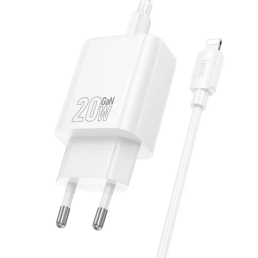 HOCO N61 travel charger | 20W | PD, QC | USB-C, USB-A | with USB-C to Lightning cable included | white – 3