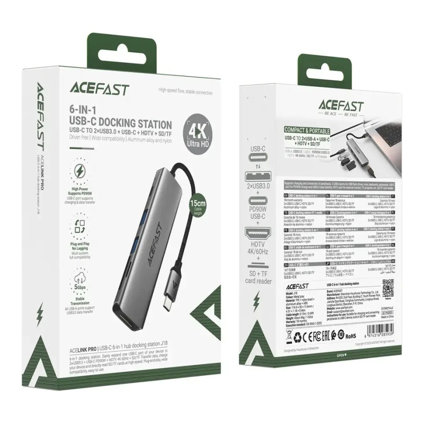 Acefast J18 6-in-1 dokkimisjaam USB-C kuni USB 3.0 | USB-C | HDMI | SD | microSD | 90W | hall – 4