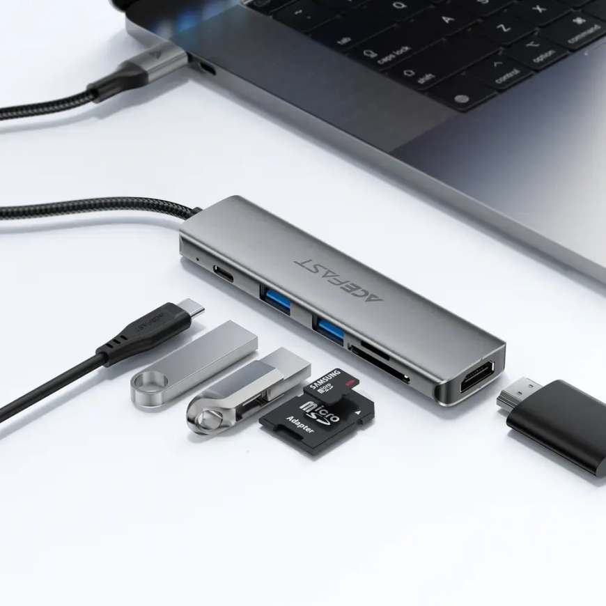 Acefast J18 6-in-1 dokstacija USB-C uz USB 3.0 | USB-C | HDMI | SD | microSD | 90W | pelēka – 5