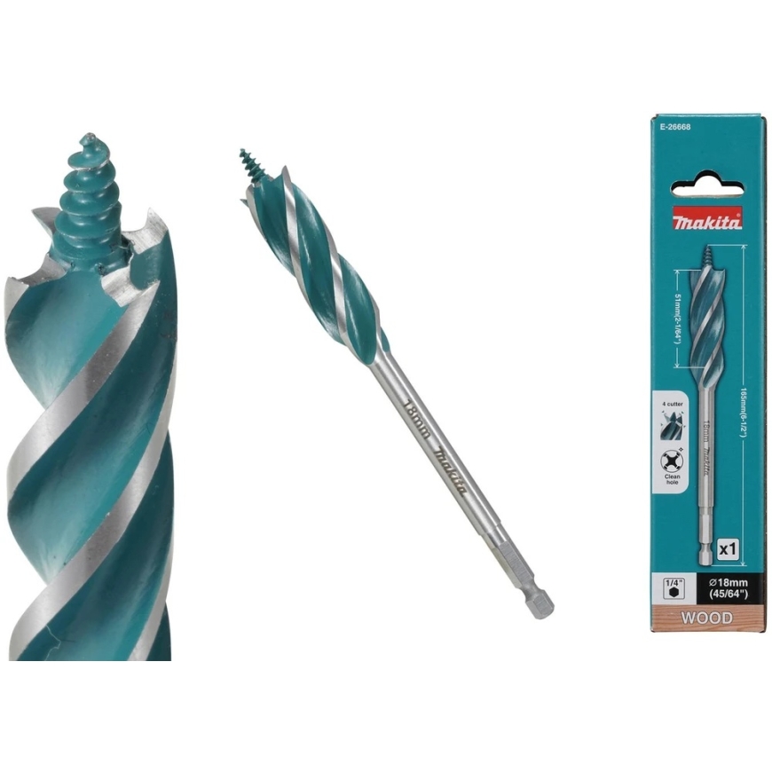 Makita Puur puidule 4 soone ja 4 lõikeservaga, 18x165 mm, 1/4" kuusnurkne vars 13,80 E-26668 – 3