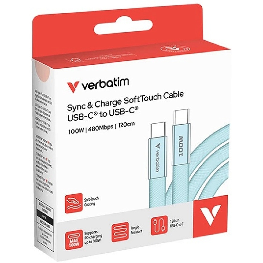 Verbatim Sync & Charge SoftTouch USB-C to USB-C Cable 100W PD3.0 120cm Blue 30276