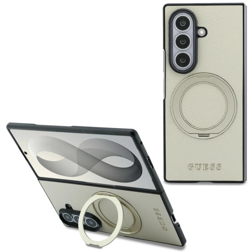 Guess Magnetic Ring Stand Grained Classic Logo MagSafe -kuori, Samsung Galaxy Z Fold8 Ultra:lle, hiekanvärinen