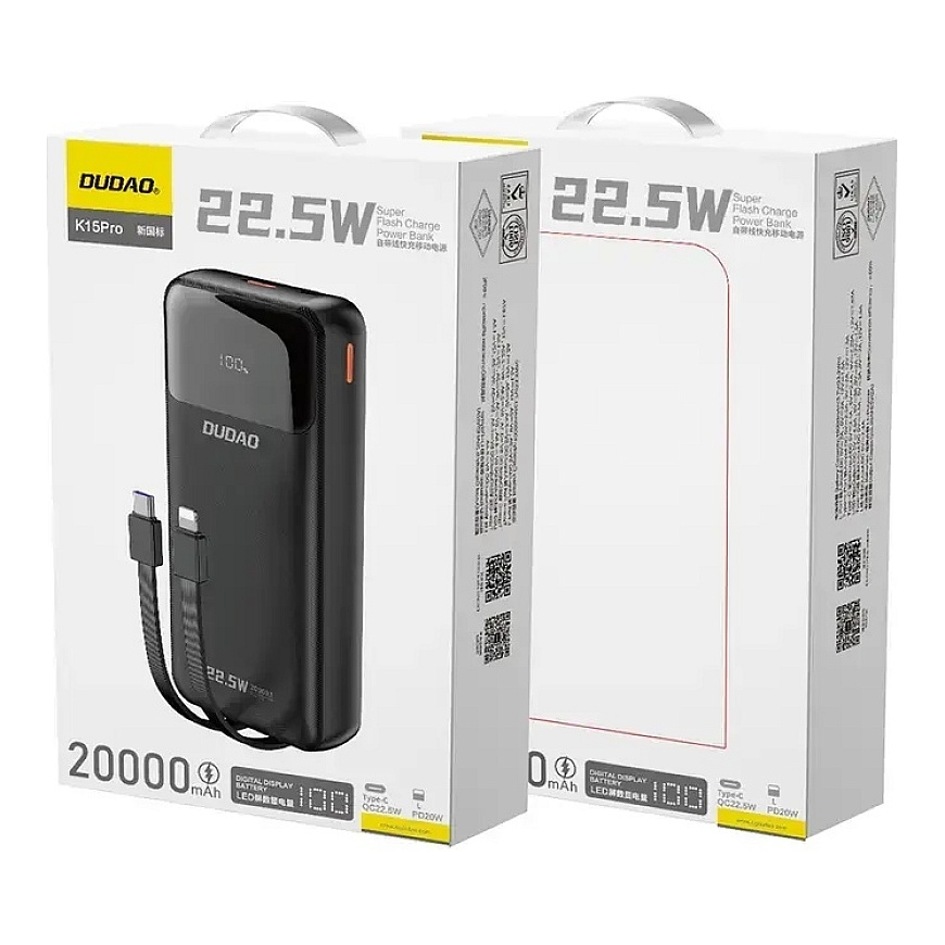 Dudao K15Pro Power Bank | 20 000 mAh | 22,5 W | PD | USB-C, USB-A, Lightning | musta – 2