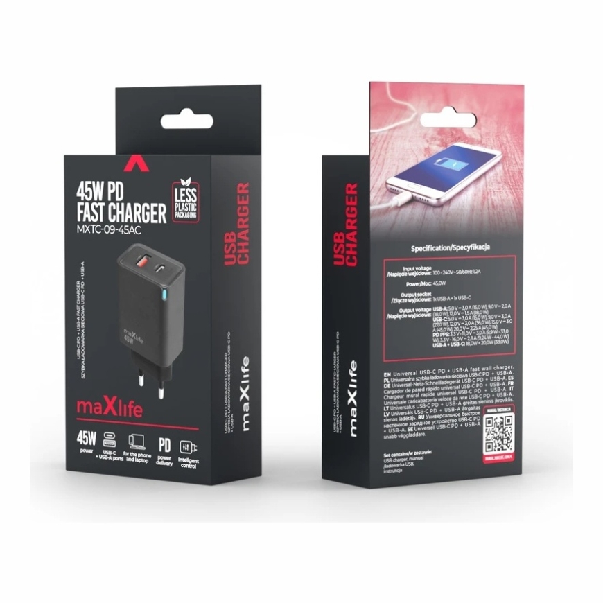 Maxlife MXTC-09-45AC GaN PD QC зарядное устройство 1x USB-C 1x USB 45W черное – 3
