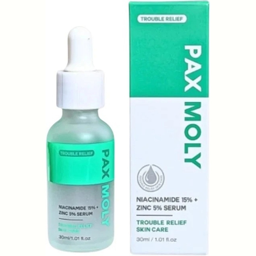 PaxMoly Trouble Relief 15% Niacinamīds + 5% Cinks Spodrinošs un Attīrošs Dienas un Nakts Sejas Serums, 30 ml – 2