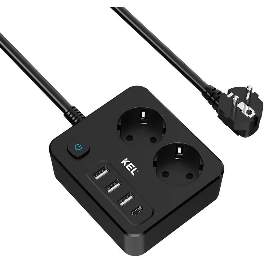 Plastrol Savienojums, 2 ligzdas 2P+zeme, ar USB-A un USB-C ligzdām, 2 m, Schuko melns