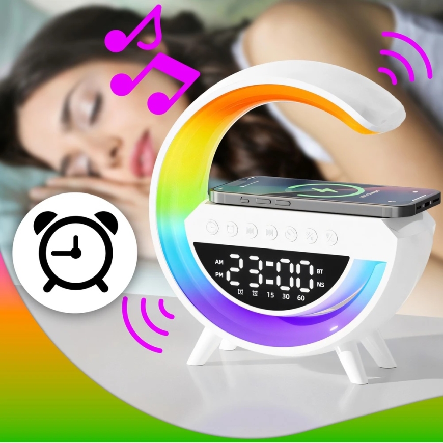RGB LED Yölamppu „Bluetooth“ induktiolataus kello-radio kaiutin – 4