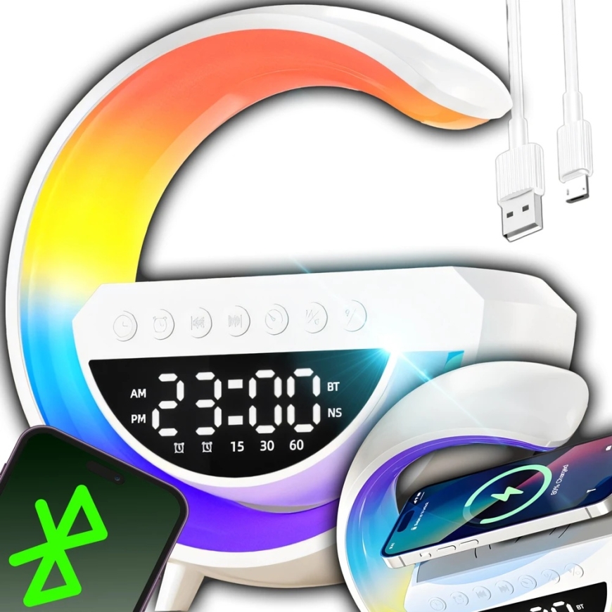RGB LED Öölamp „Bluetooth“ induktsioonilaadija kell-raadio kõlar – 5