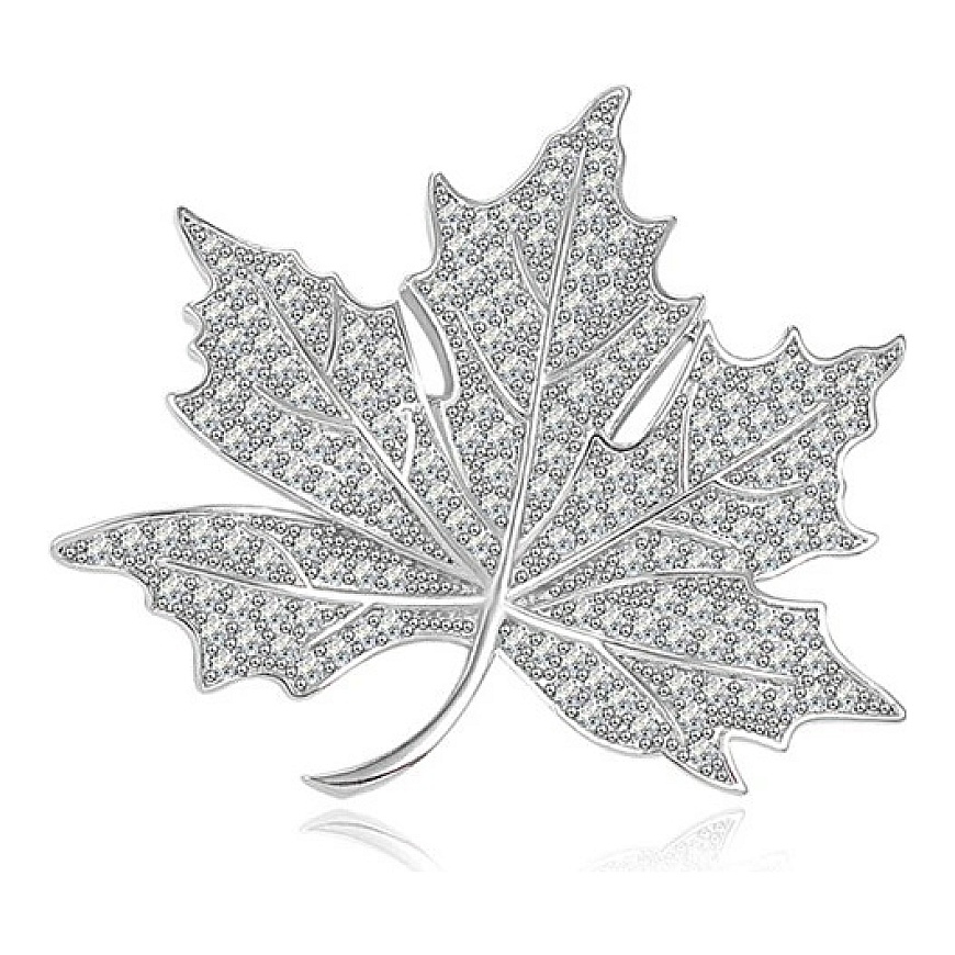 Silver Maple Leaf Brooch with Clear Crystals