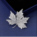 Silver Maple Leaf Brooch with Clear Crystals