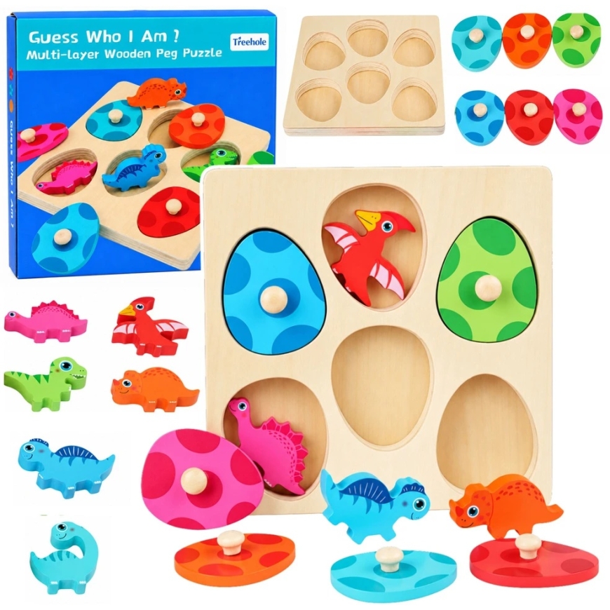 Lean Toys Hariduslik Puitpuzzle, dinosauruseteemaline, mitmevärviline, 17,5 × 17,5 cm