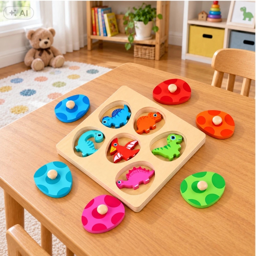 Lean Toys Educational Wooden Puzzle, Dinosaur Theme, Multicolored, 17.5 × 17.5 cm – 5
