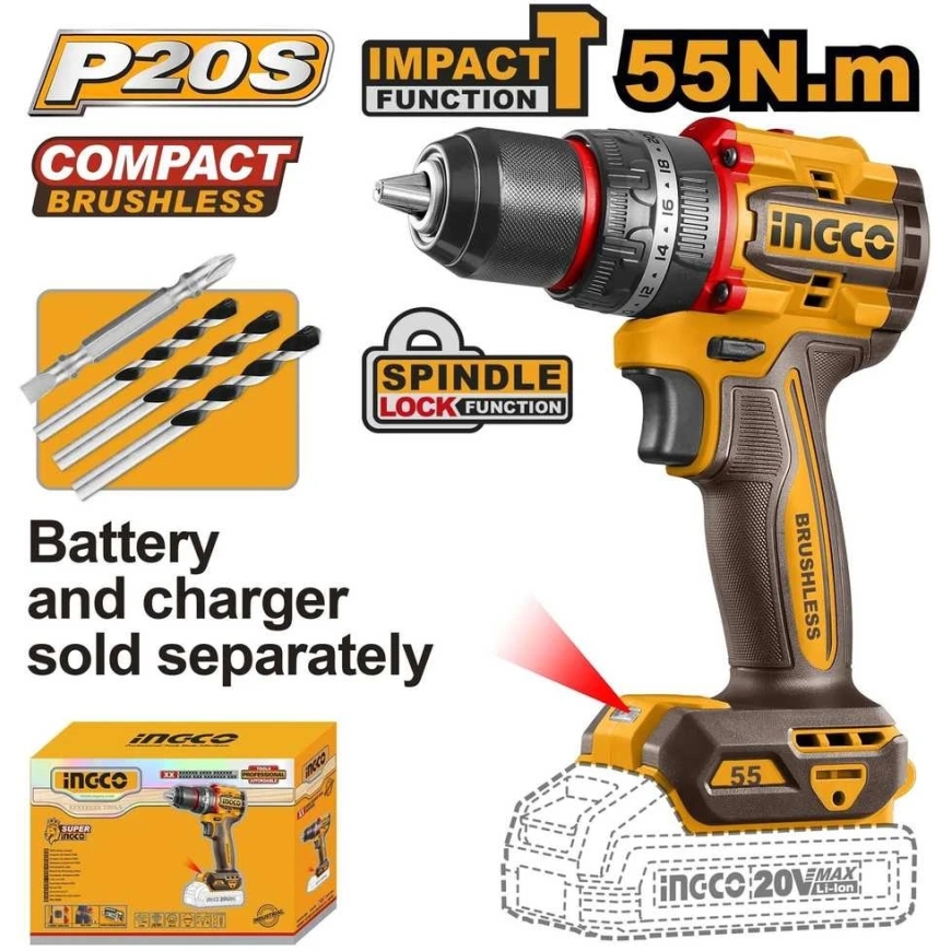 Ingco CIDLI205581 Cordless Drill with Impact Driver, 55 Nm, without battery and charger – 2