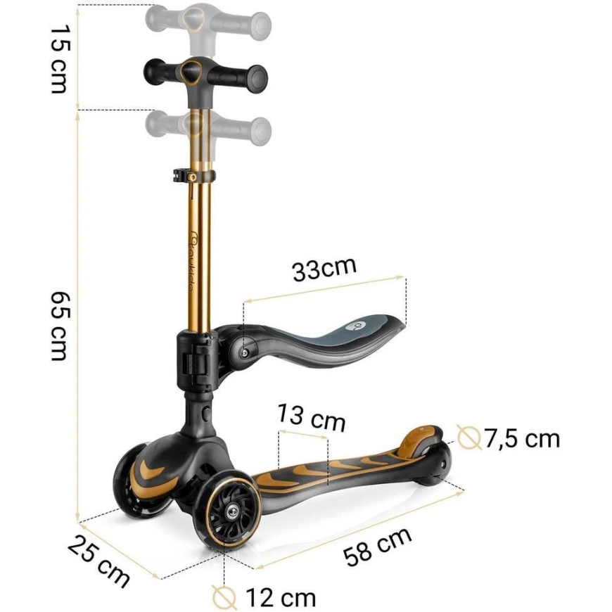 Lasten kultainen Nukido Flippo kolmerattainen tasapainoscooter, jossa on istuin – 3