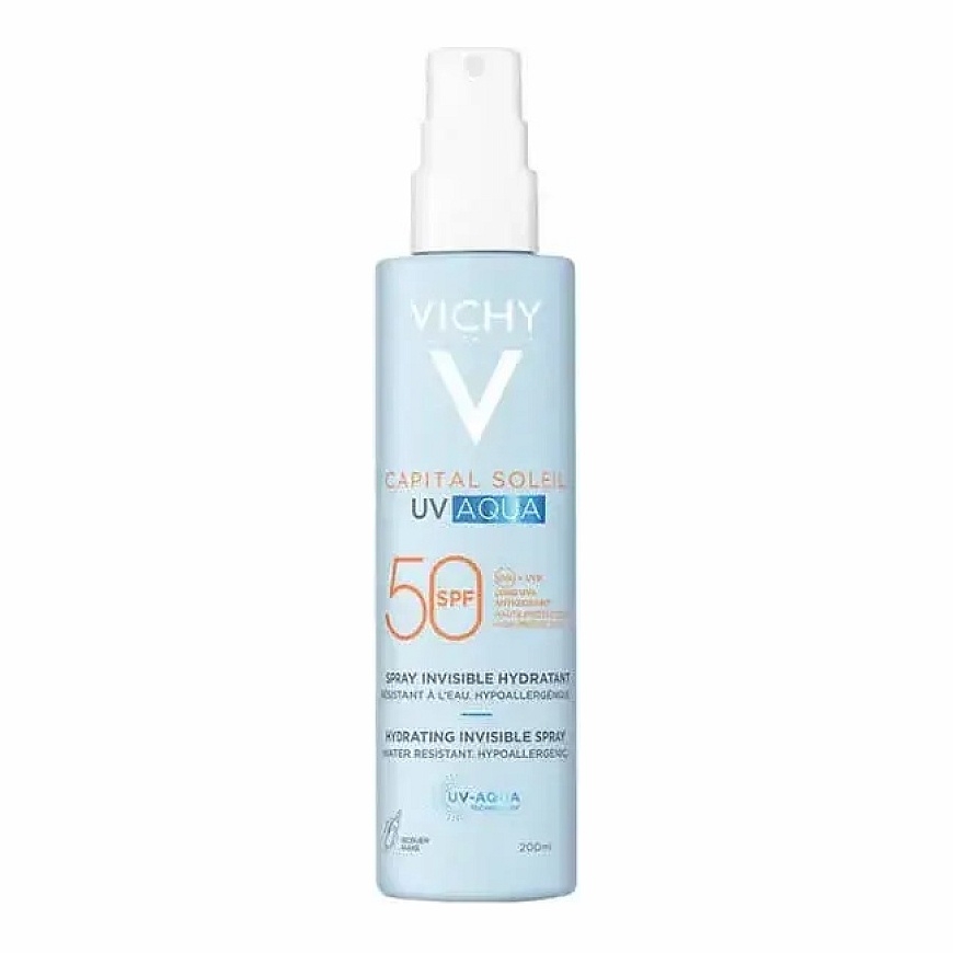 Vichy Capital Soleil UV Aqua Hydrating Invisible Purškiklis SPF 50 apsauginis veido ir kūno purškiklis, 200 ml