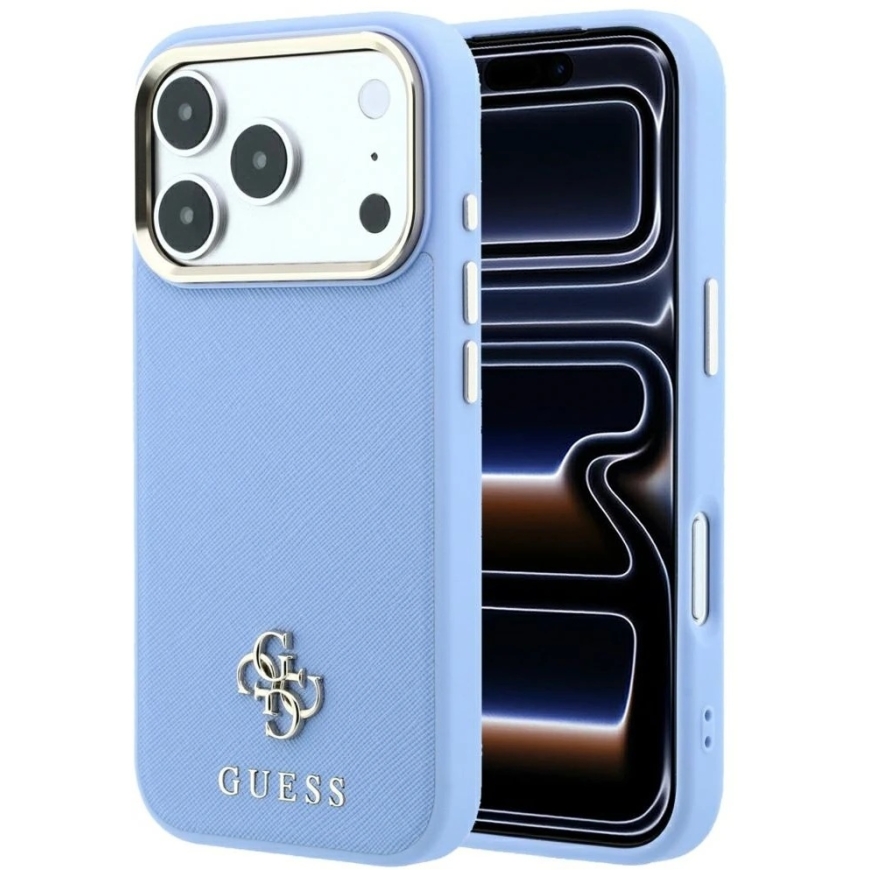 Guess Saffiano Small 4G & Classic Logo MagSafe maciņš iPhone 18 Pro Max / 17 Pro Max - Gaiši zils
