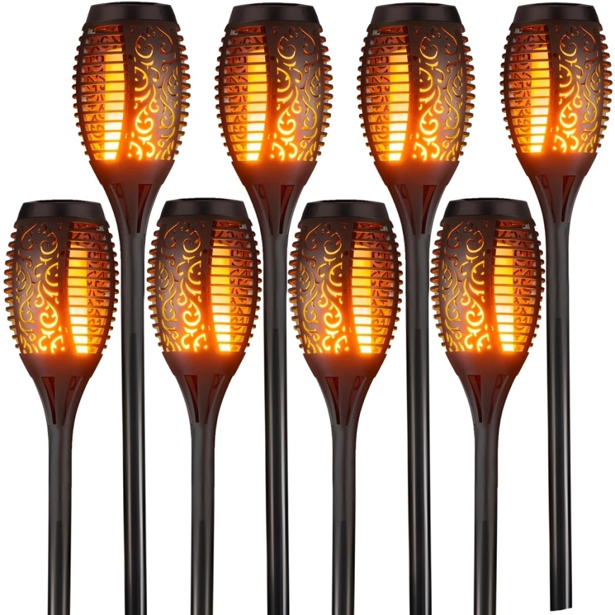 8x saulės energija varomos sodo lempos su LED žibintuvėliais ir liepsnos efektu