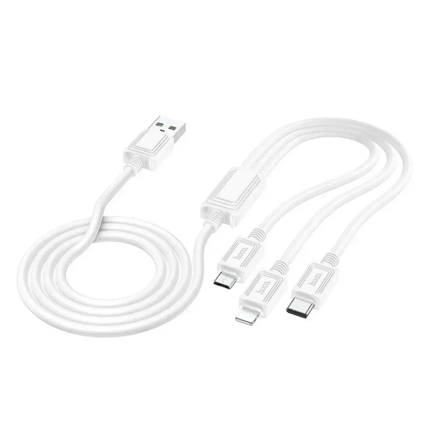Hoco X74 3-in-1 andmeedastus- ja laadimiskaabel | USB-A kuni Lightning, Micro USB, USB-C | 10W | 1m | valge