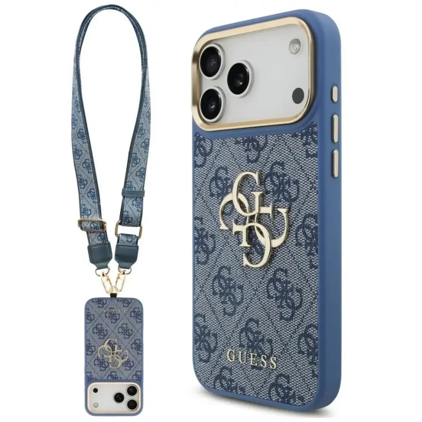 Dėklas Guess 4G Big 4G Classic Logo Big Strap Metal Mygtukai, skirtas iPhone 18 Pro Max / 17 Pro Max, mėlynas