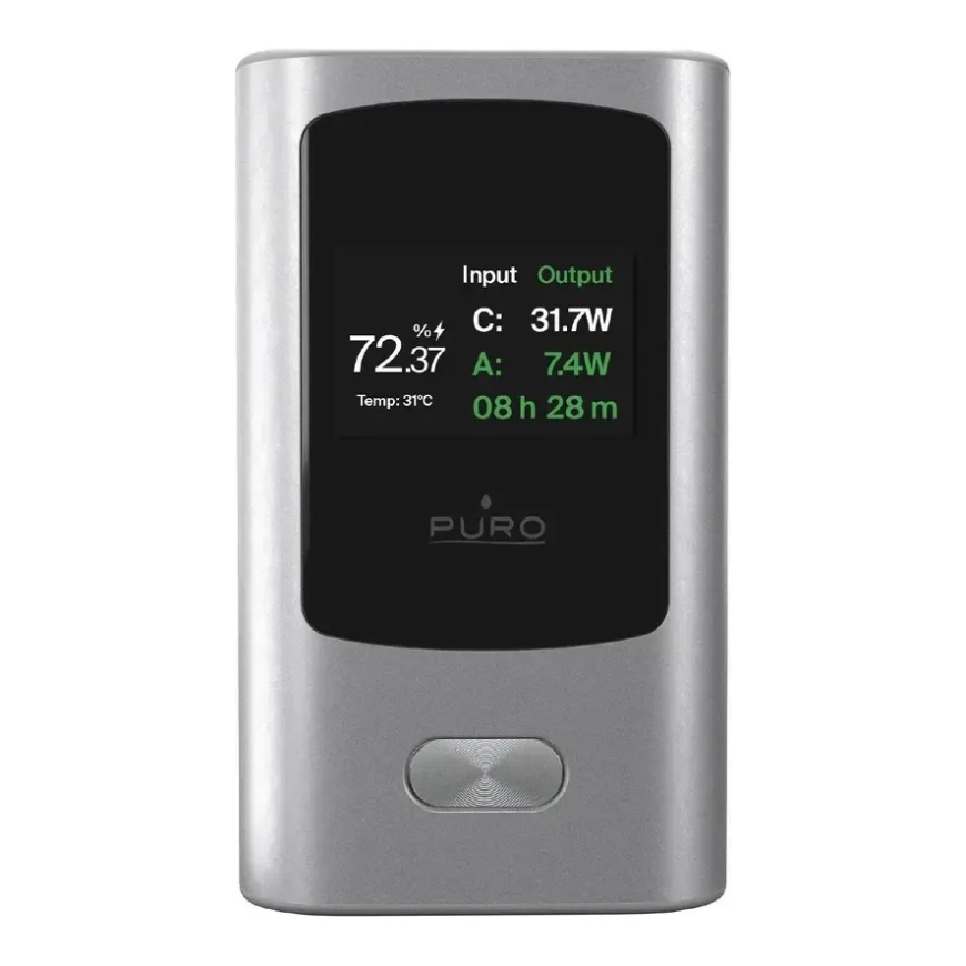 Puro išorinė baterija (powerbank) | 10 000 mAh | 45W | USB-A, USB-C | LED ekranas | pilkas