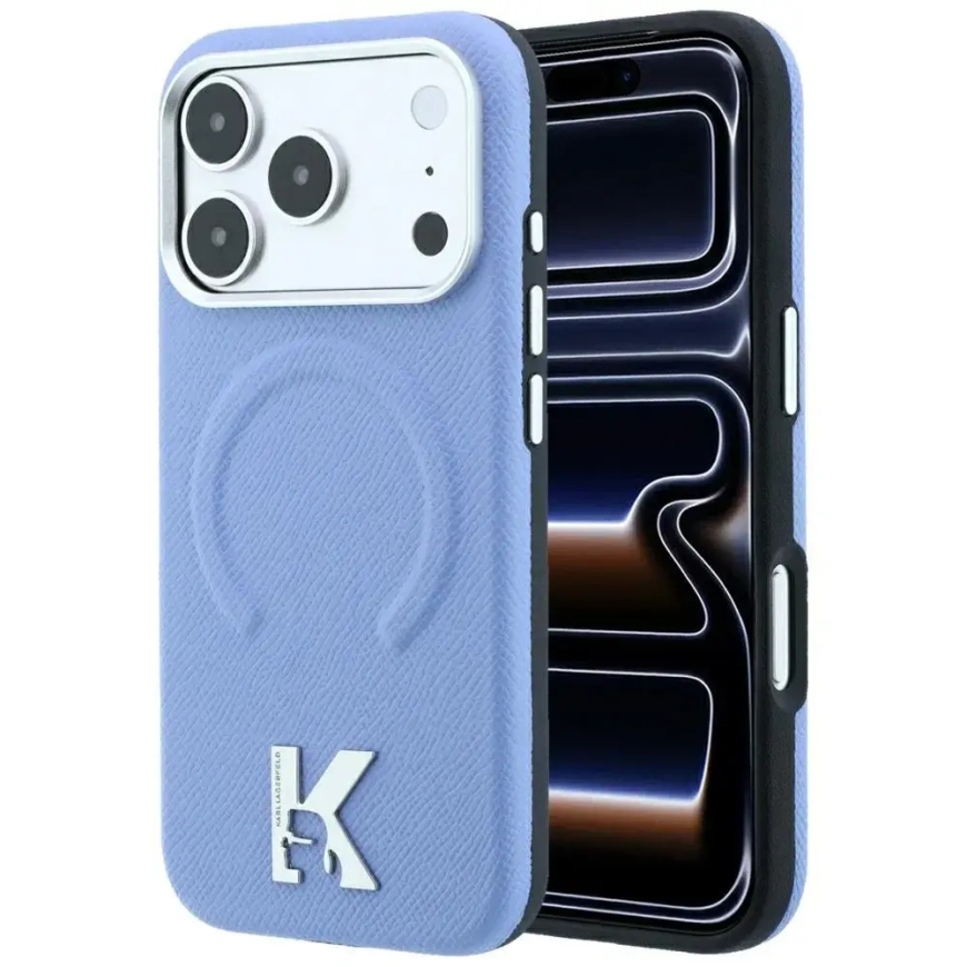 Karl Lagerfeld tekstūruotas reljefinis žiedas ir Kameo logotipas MagSafe dėklas iPhone 18 Pro Max / 17 Pro Max li