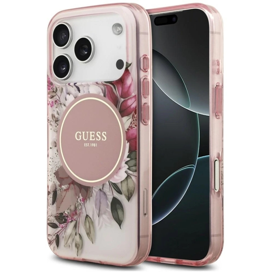 Чехол Guess IML Flower & Tonal Circle MagSafe для iPhone 18 Pro Max / 17 Pro Max, розовый