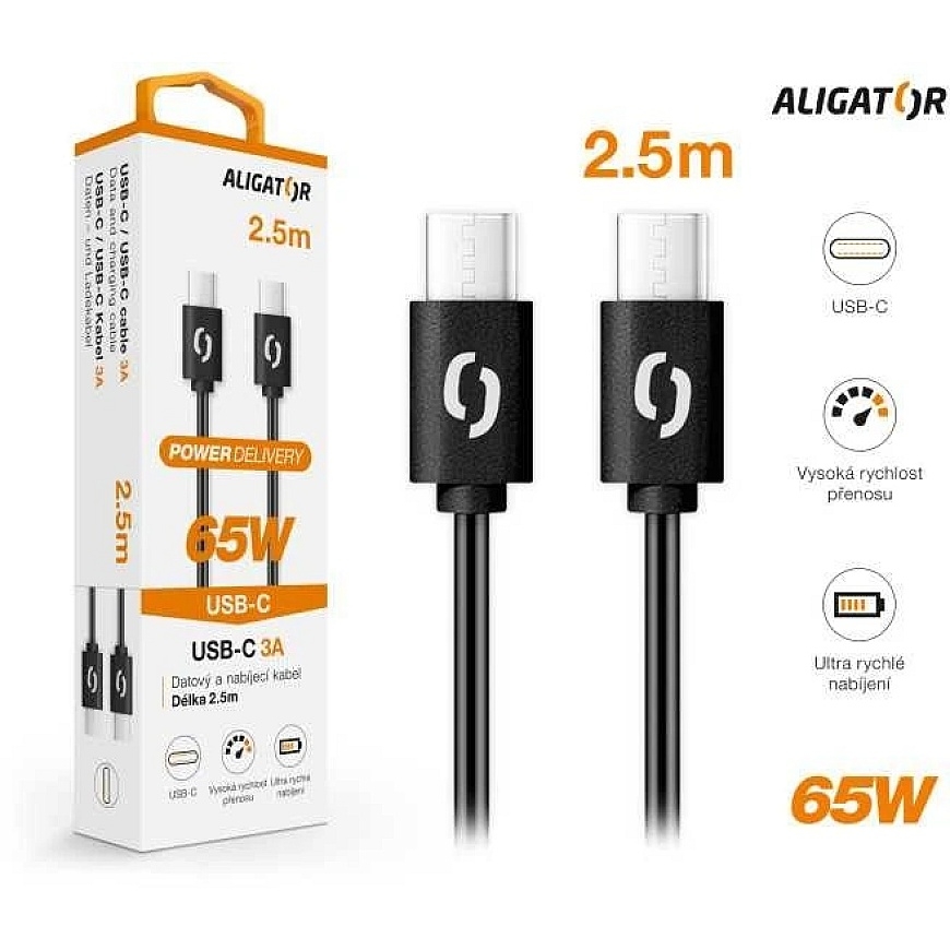 Andmekaabel ALIGATOR POWER 65W, USB-C/USB-C 3A, 2.5m must – 3