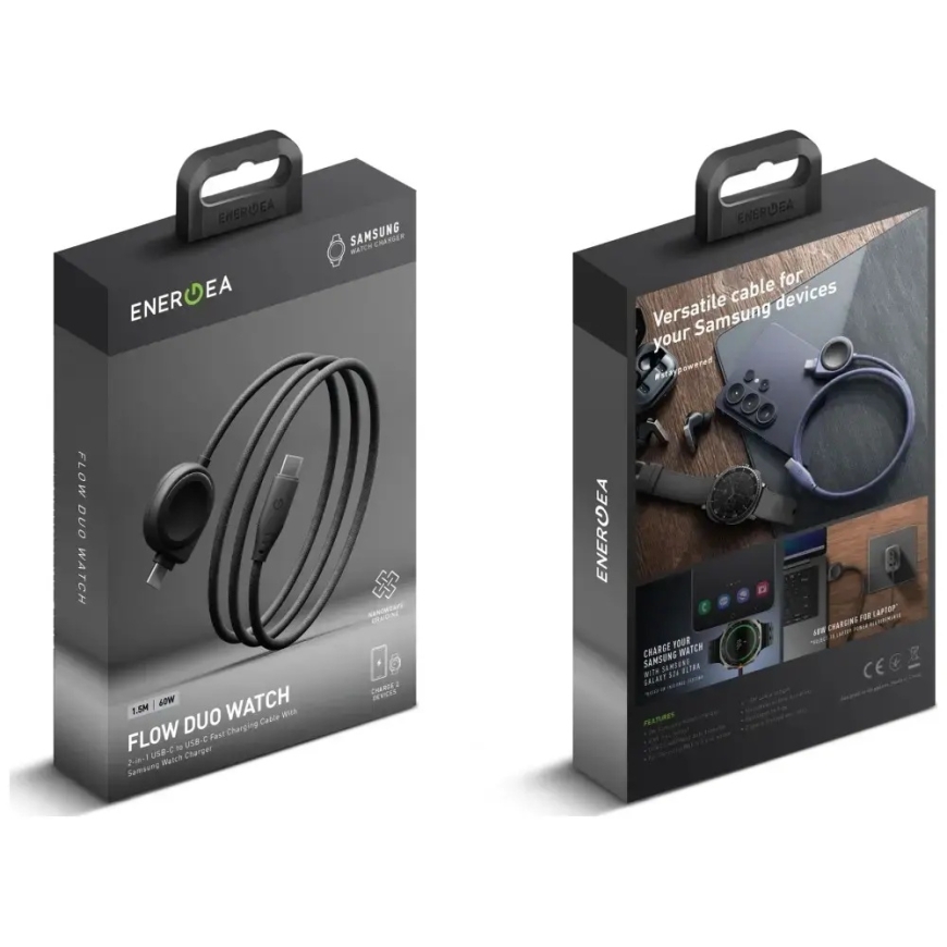 Energea Flow Duo 2-in-1 USB-C uz USB-C kabelis + Samsung pulksteņa lādētājs 480Mb/s 60W 1.5m melns – 2