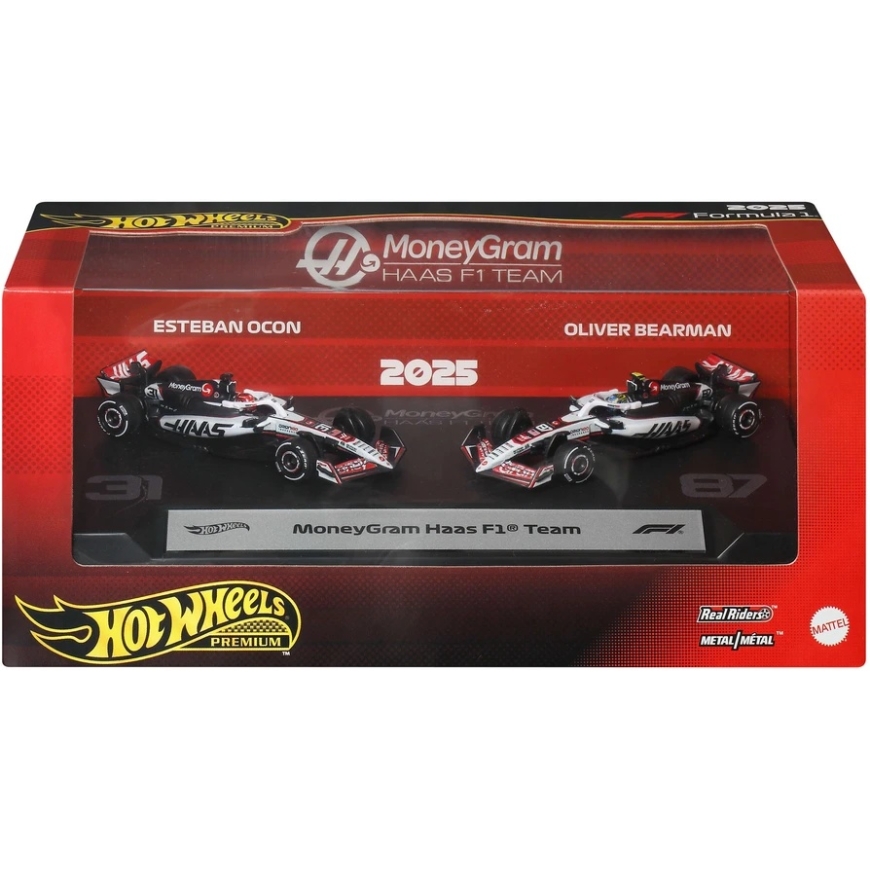 Hot Wheels Premium Formuła 1 MoneyGram Haas 2-pak metalowych bolidów F1 Esteban Ocon 31 i Oliver Bearman 87 – 3