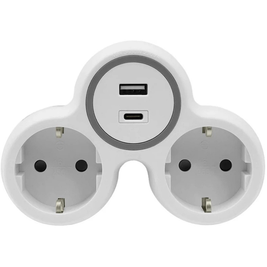 Plastrol Divvietīgs sadalītājs, 2x kontaktligzdas ar Schuko zemējumu, 1x USB-A ligzda, 1x USB-C ligzda – 2