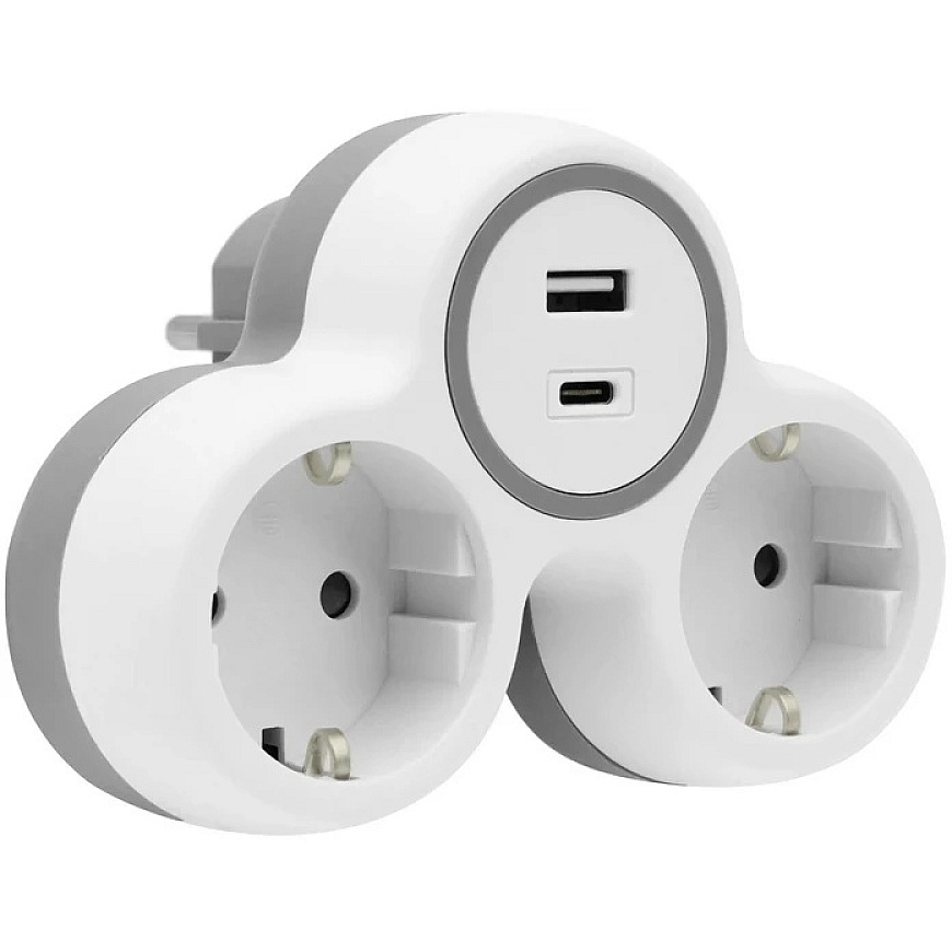 Plastrol Dvivietis šakotuvas, 2x kištukiniai lizdai su Schuko įžeminimu, 1x USB-A lizdas, 1x USB-C lizdas – 3