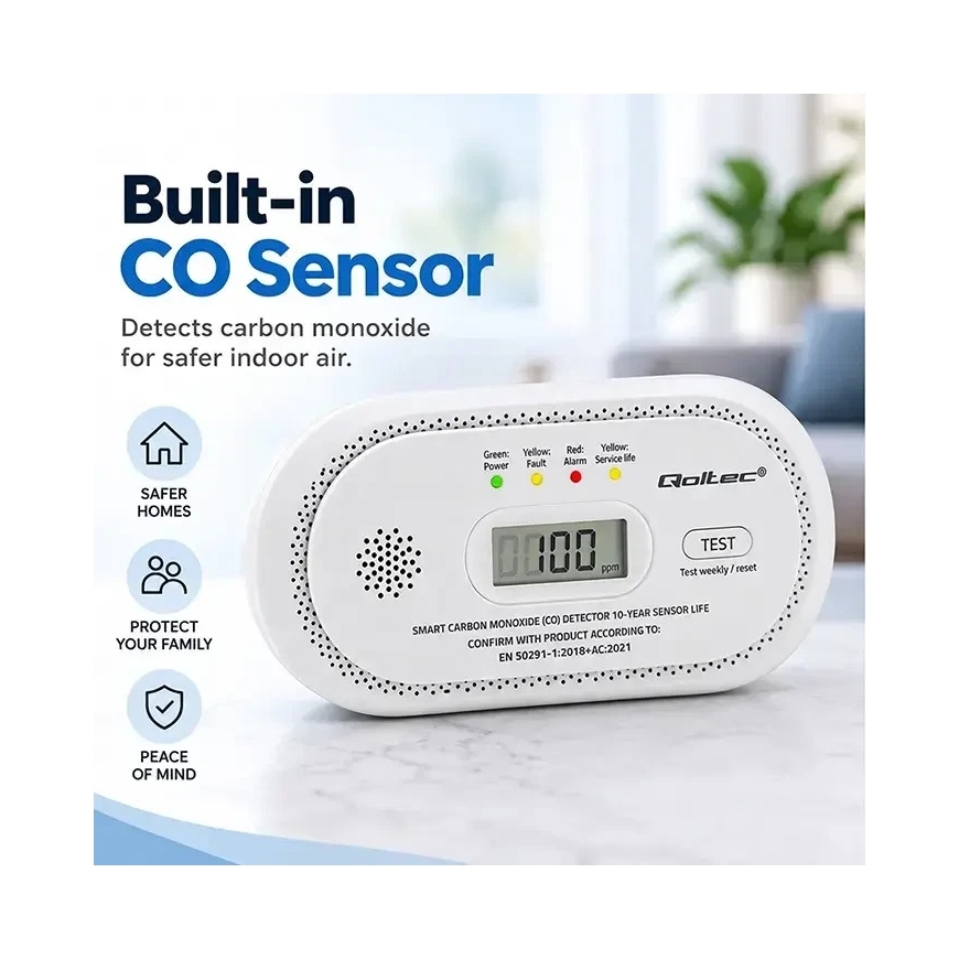 Qoltec sertifikuotas belaidis anglies monoksido (CO) jutiklis | CO detektorius | jutiklio veikimo trukmė 10 metų | 85 dB signala – 2