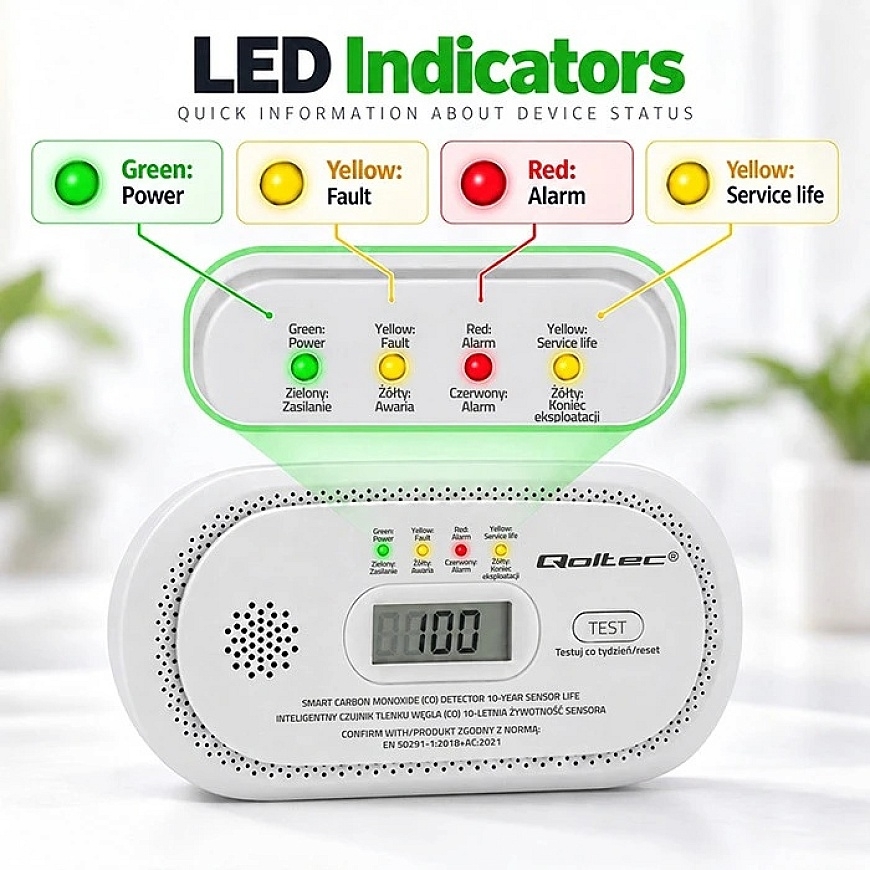 Qoltec sertifikuotas belaidis anglies monoksido (CO) jutiklis | CO detektorius | jutiklio veikimo trukmė 10 metų | 85 dB signala – 4