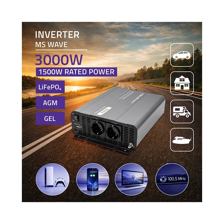 Qoltec MS Wave | 12 V - 230 V | 1500/3000 W | USB – 3