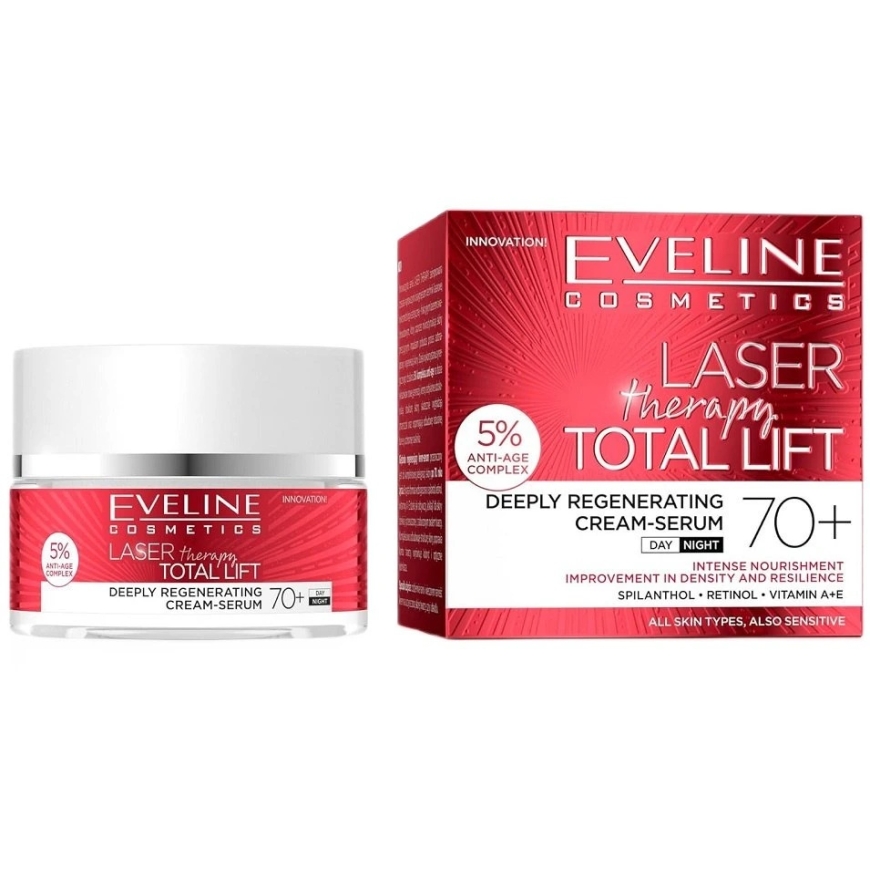 „Eveline Cosmetics Lazerinis Therapy Total Lift“ giliai regeneruojantis kremas-serumas 70+ 50ml – 2