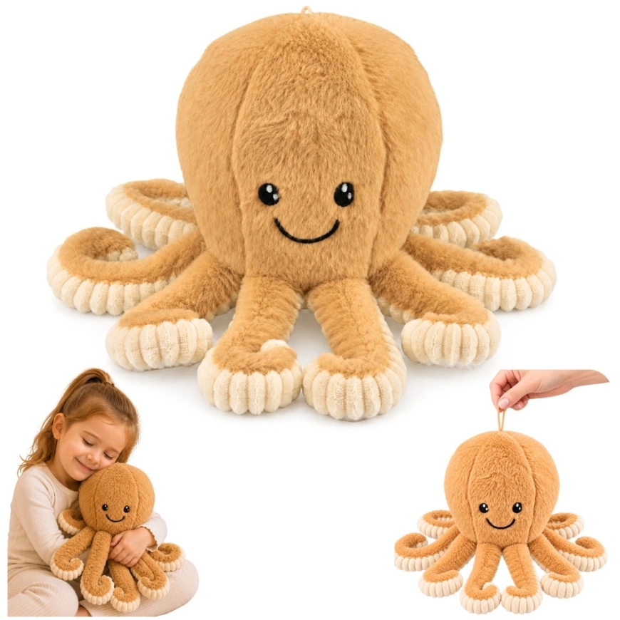 Lean Toys Pliušinis aštuonkojis su tampriais čiuptuvais, smėlio spalvos, 30 × 20 × 20 cm – 2